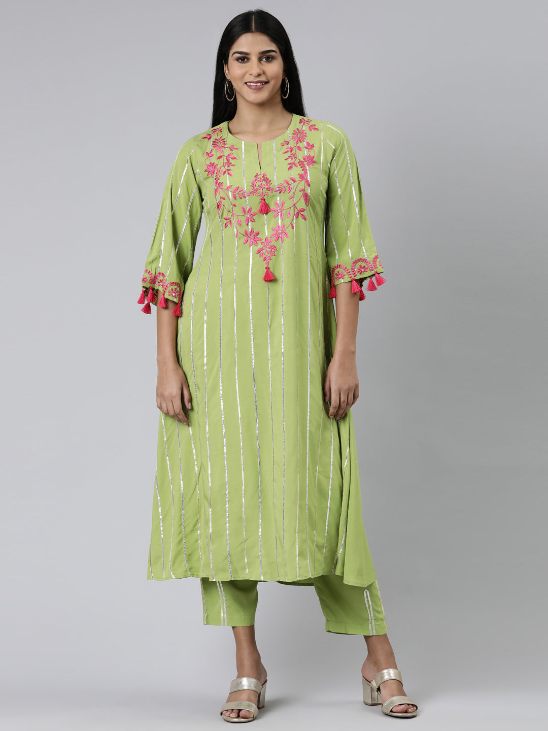 Neerus Green Regular Calf Length Solid Kurta Solid Trousers