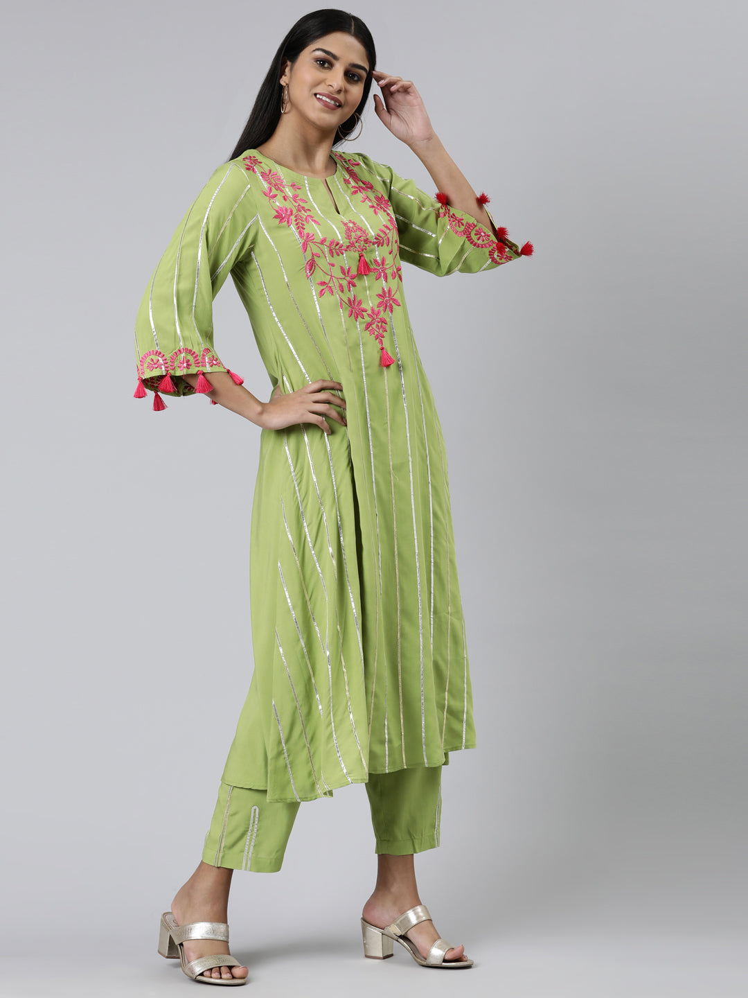 Neerus Green Regular Calf Length Solid Kurta Solid Trousers