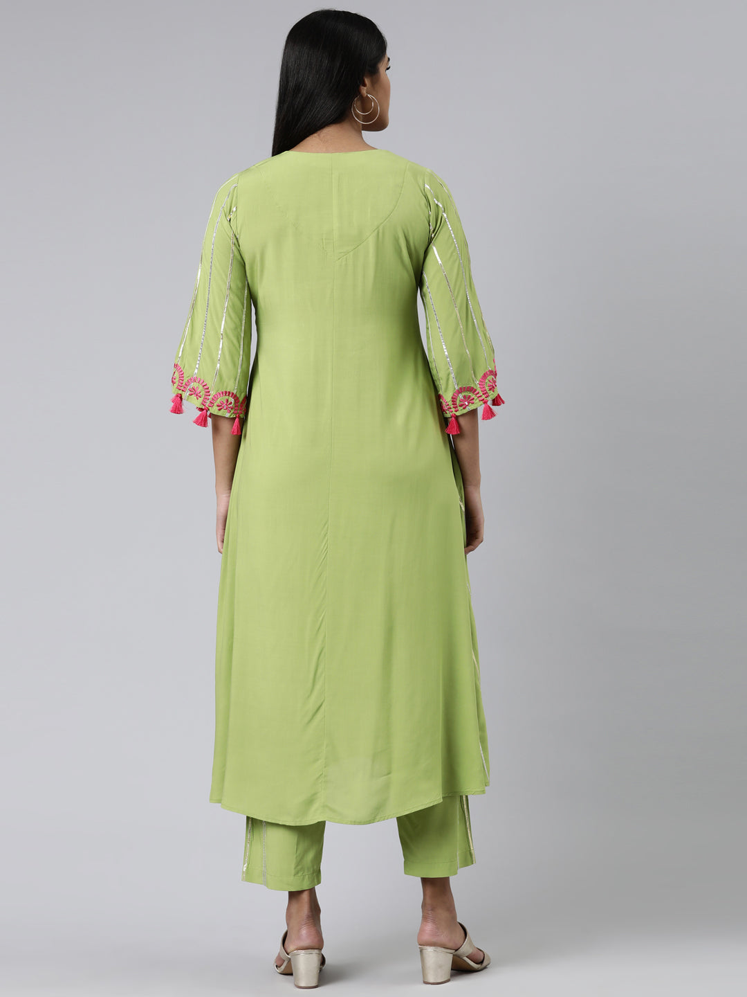 Neerus Green Regular Calf Length Solid Kurta Solid Trousers