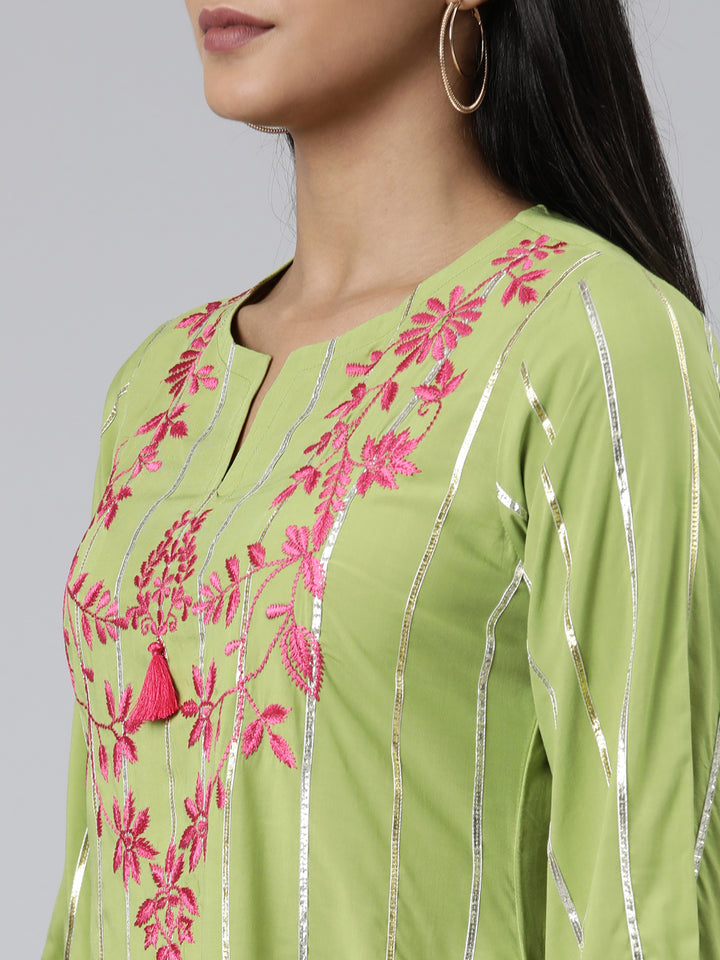 Neerus Green Regular Calf Length Solid Kurta Solid Trousers