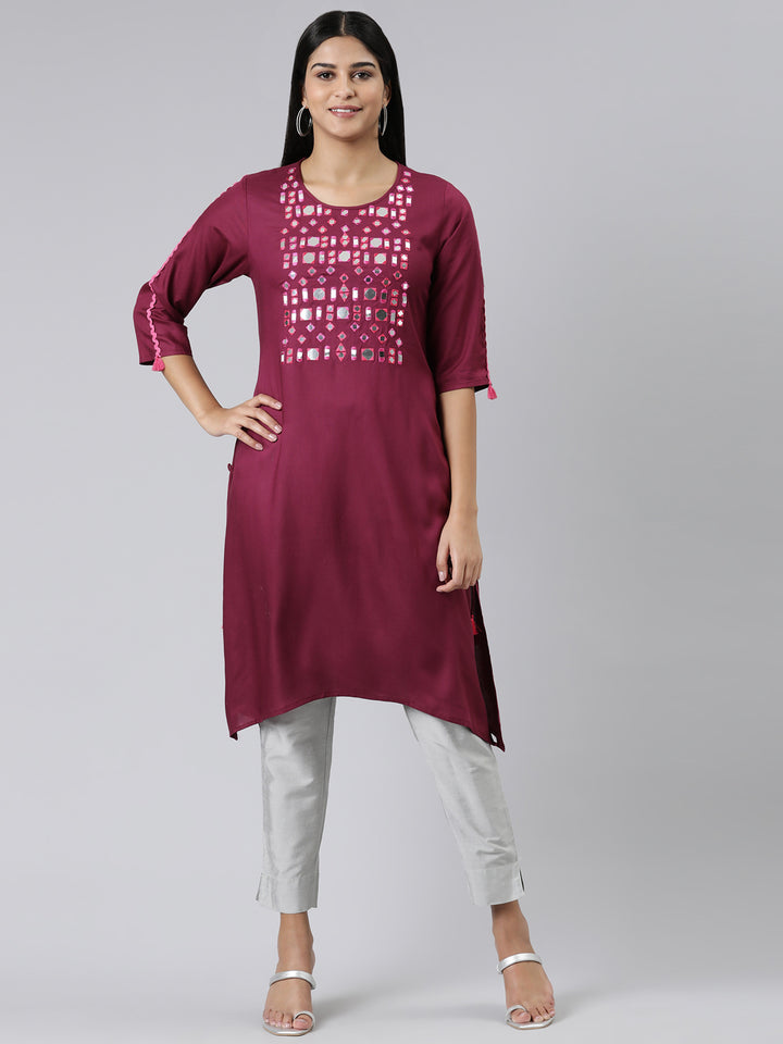 Neerus Purple Straight Solid Viscose Rayon Kurta