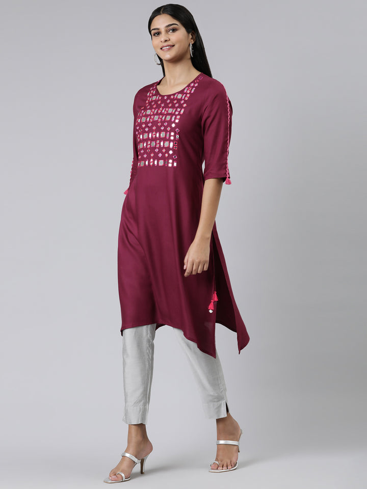 Neerus Purple Straight Solid Viscose Rayon Kurta