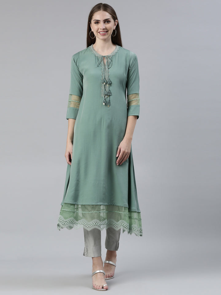 Neerus Green viscose rayon solid A-line kurti - front view