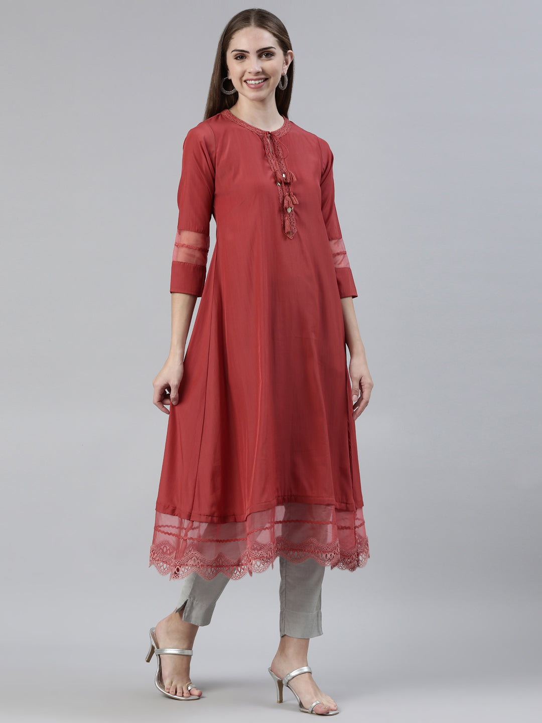 Neerus Rust Straight Regular Viscose Rayon Kurta