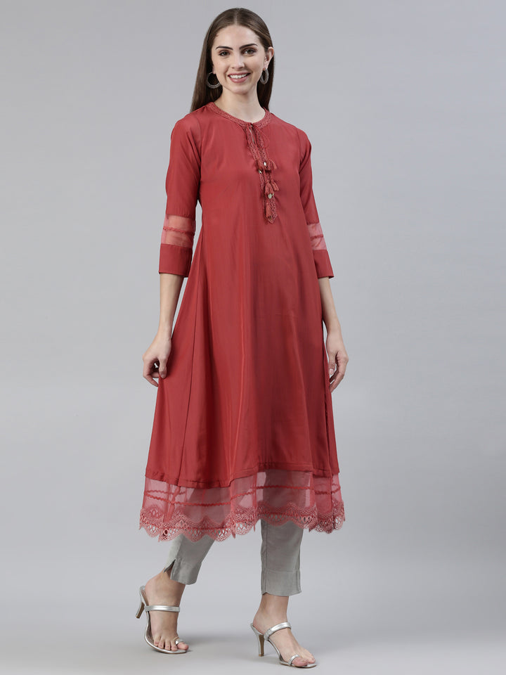 Neerus Rust Straight Regular Viscose Rayon Kurta