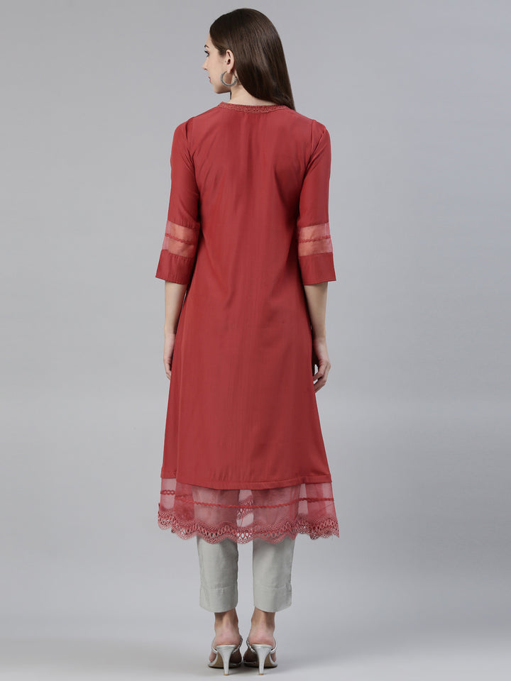Neerus Rust Straight Regular Viscose Rayon Kurta