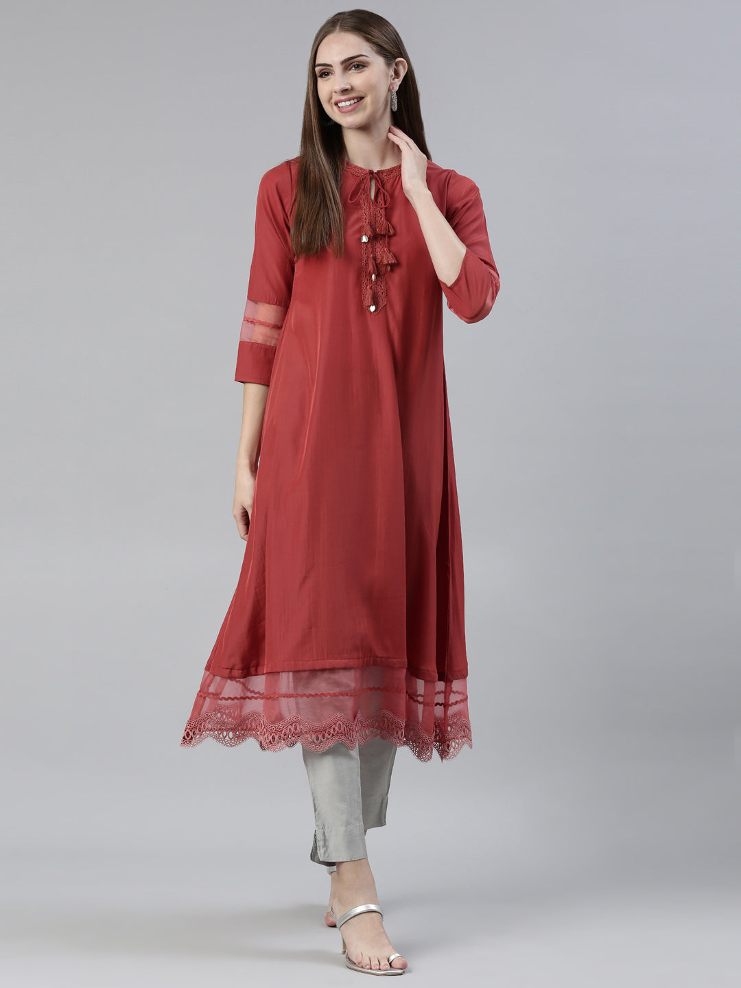 Neerus Rust Straight Regular Viscose Rayon Kurta