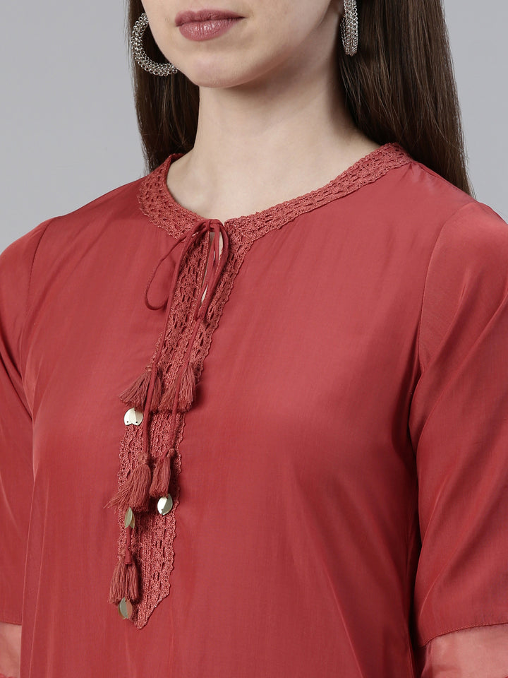 Neerus Rust Straight Regular Viscose Rayon Kurta
