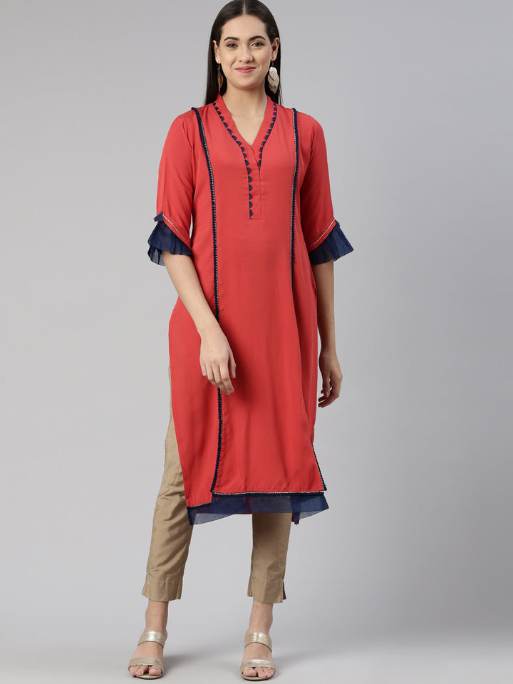 Neerus Rust Straight Straight Cotton Silk Kurtas