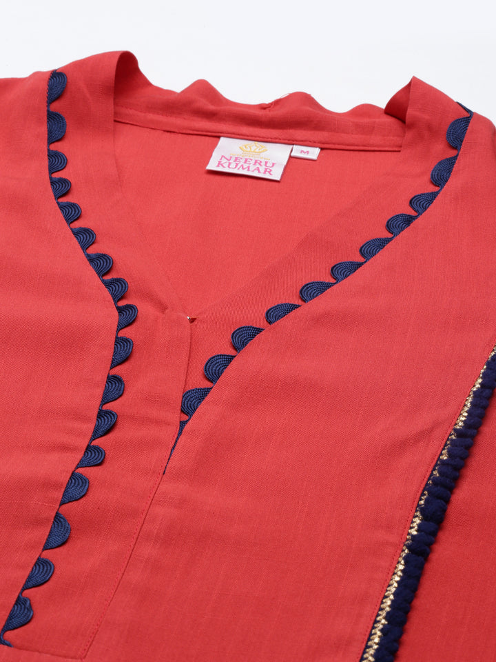 Neerus Rust Straight Straight Cotton Silk Kurtas