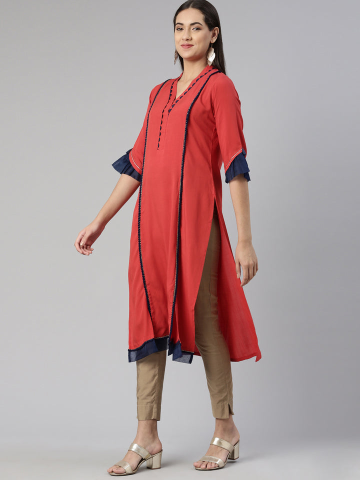 Neerus Rust Straight Straight Cotton Silk Kurtas
