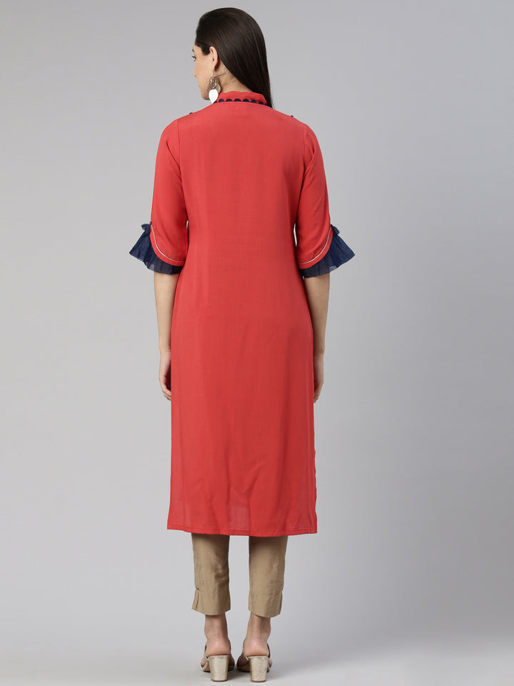 Neerus Rust Straight Straight Cotton Silk Kurtas