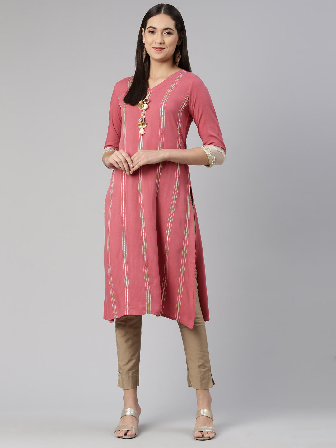 Neerus Pink cotton silk mirror work kurti - front view
