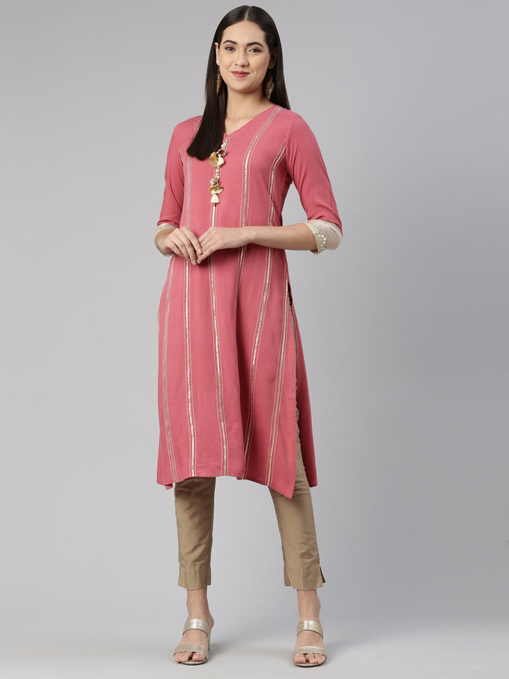 Neerus Pink cotton silk mirror work kurti - front view