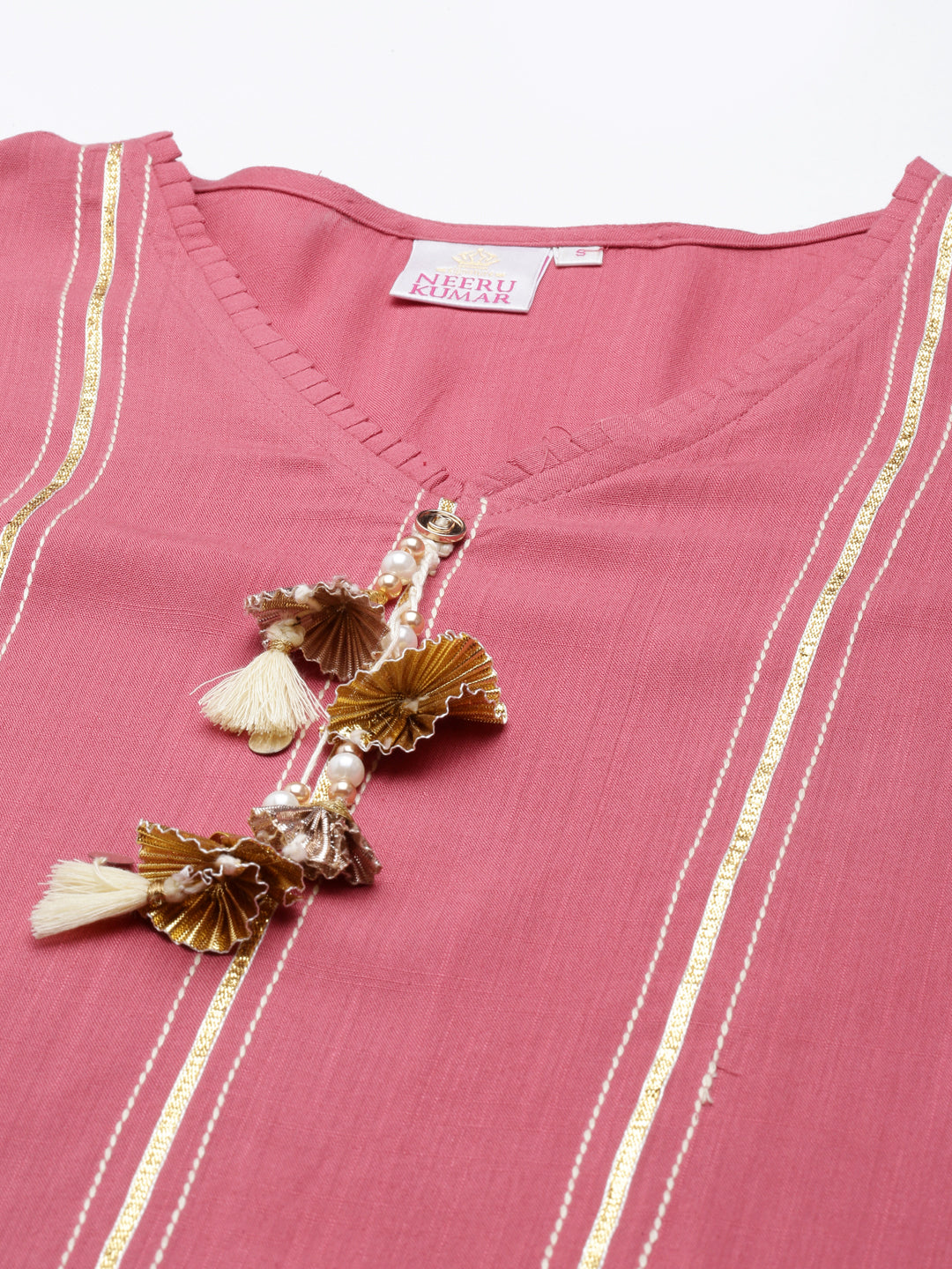 Neerus Pink cotton silk mirror work kurti - detail view 3