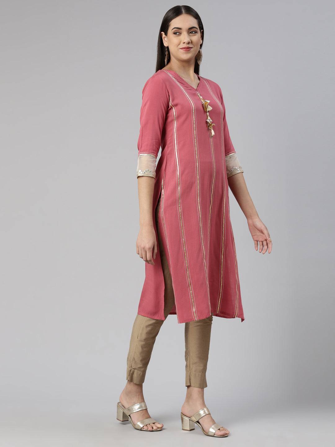 Neerus Pink cotton silk mirror work kurti - back view