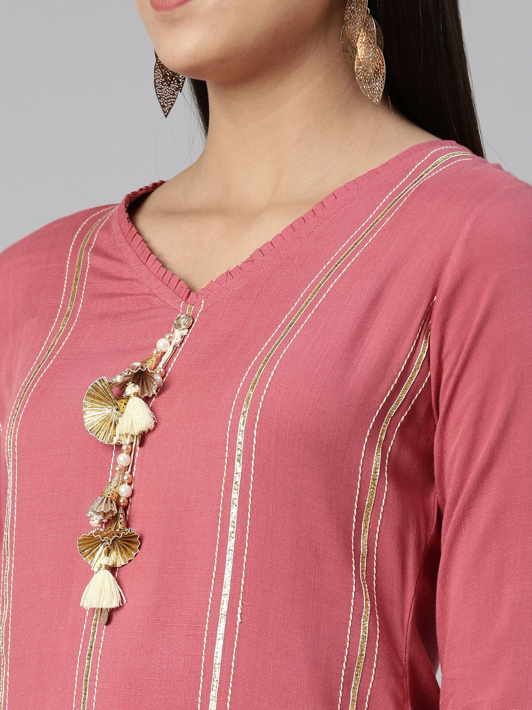 Neerus Pink cotton silk mirror work kurti - detail view 1