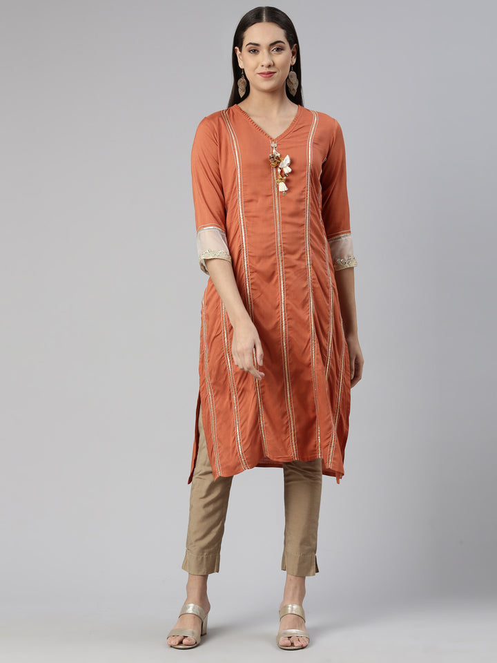 Neerus Rust Straight Straight Cotton Silk Kurta