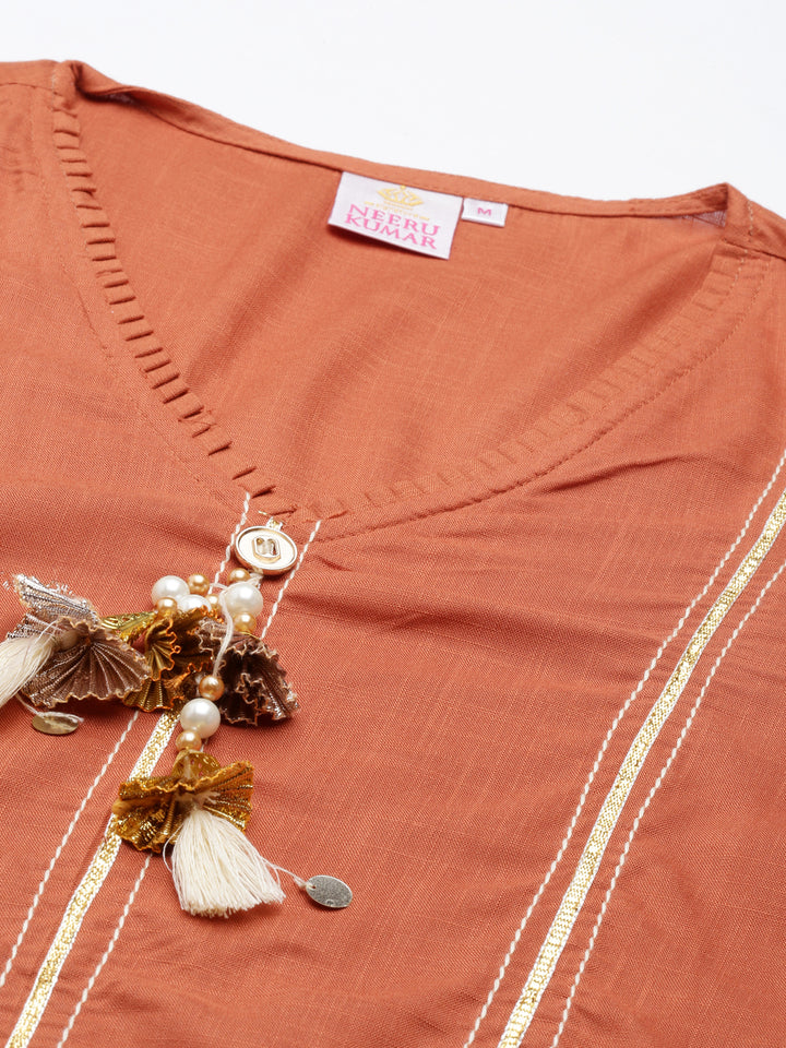 Neerus Rust Straight Straight Cotton Silk Kurta