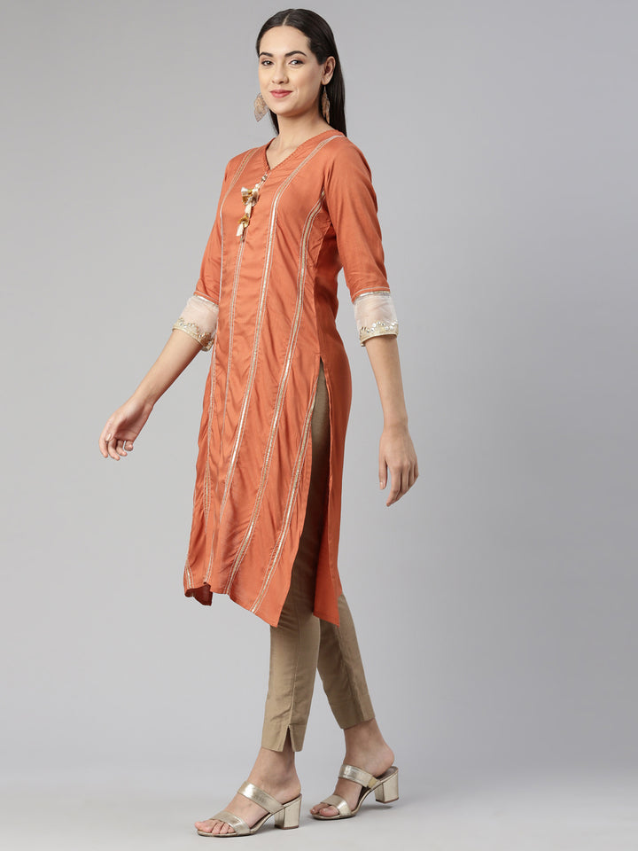 Neerus Rust Straight Straight Cotton Silk Kurta