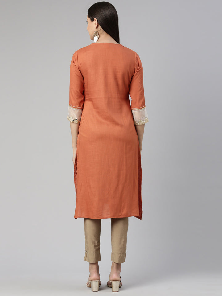 Neerus Rust Straight Straight Cotton Silk Kurta
