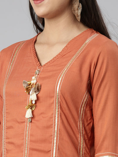 Neeru's Rust Straight Straight Cotton Silk Kurtas