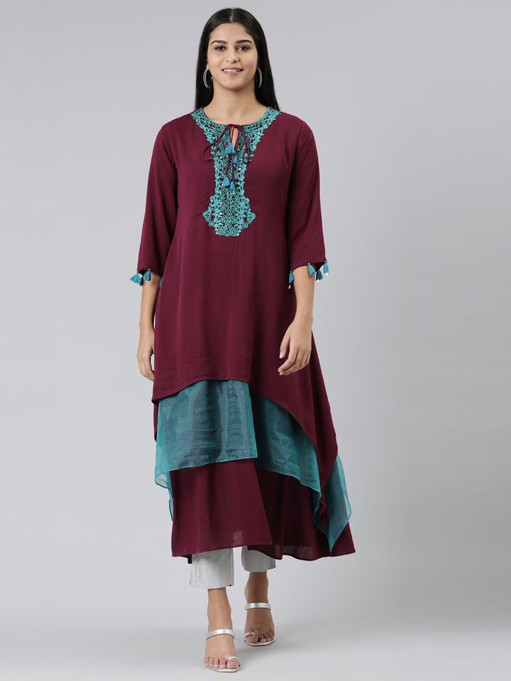 Neerus Maroon Curved Solid Viscose Rayon Kurtas