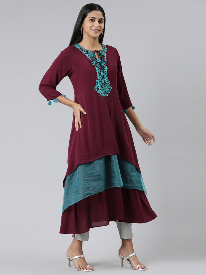 Neerus Maroon Curved Solid Viscose Rayon Kurtas