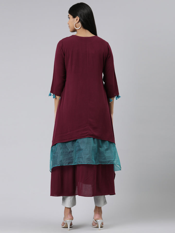 Neerus Maroon Curved Solid Viscose Rayon Kurtas