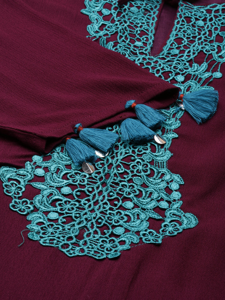 Neerus Maroon Curved Solid Viscose Rayon Kurtas