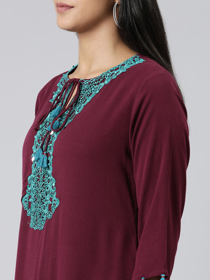 Neerus Maroon Curved Solid Viscose Rayon Kurtas