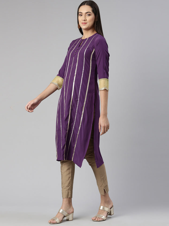 Neerus Purple crepe striped kurti keyhole neck - back view