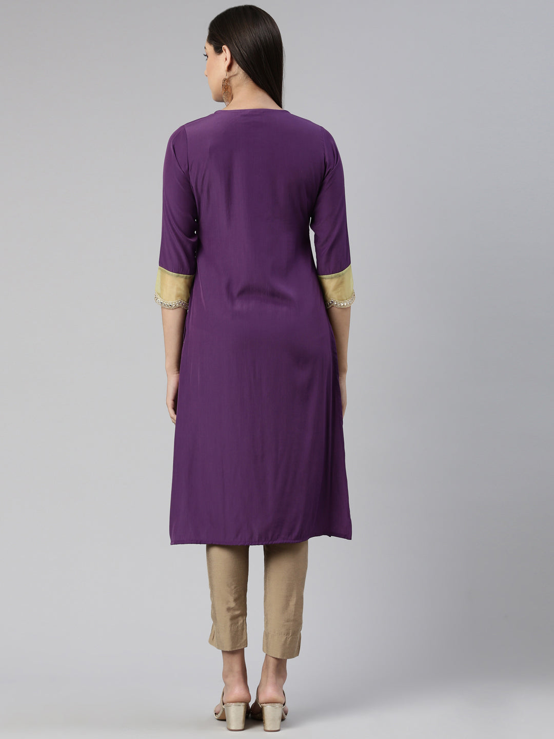 Neerus Purple crepe striped kurti keyhole neck - side view
