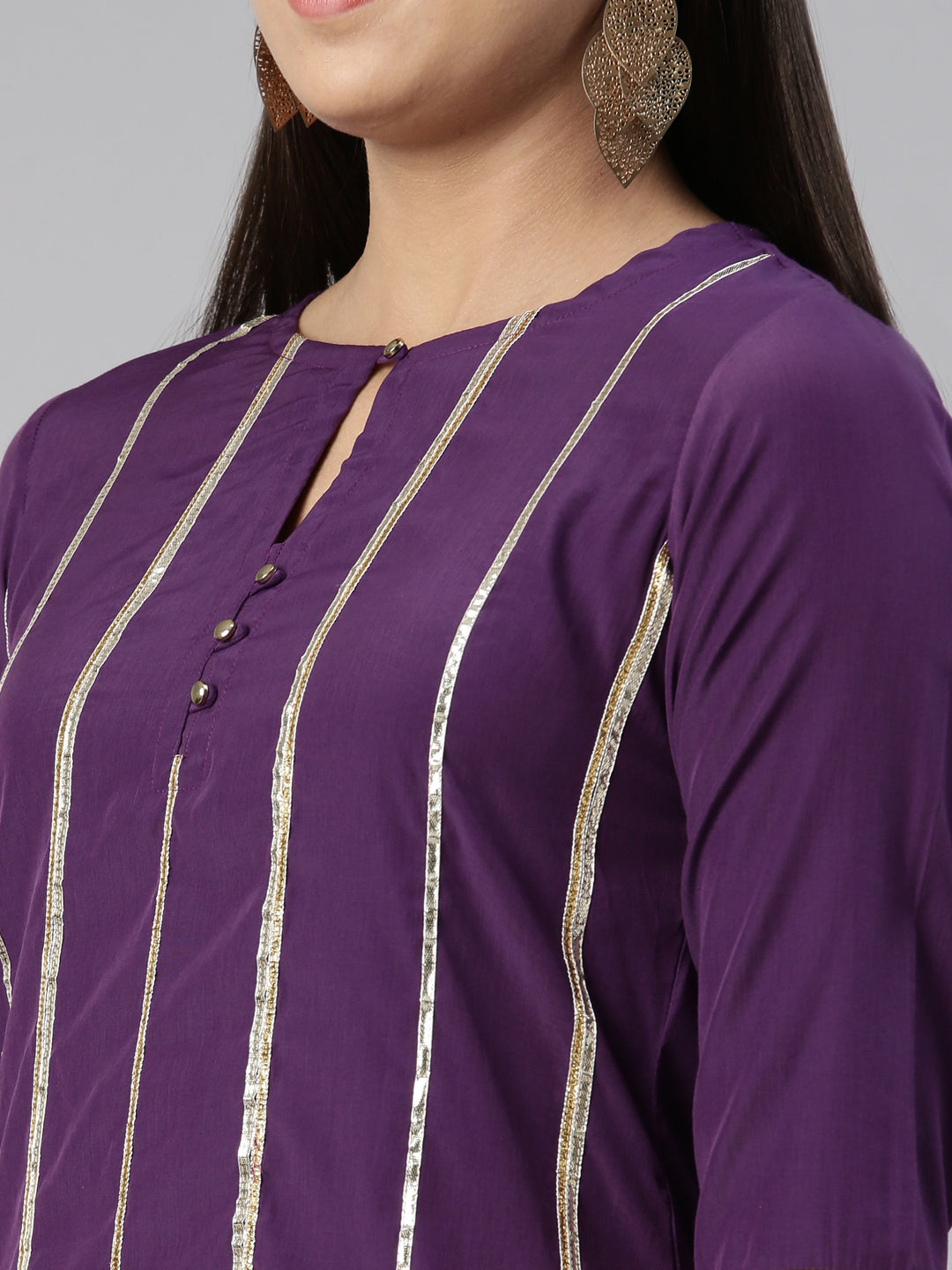 Neerus Purple crepe striped kurti keyhole neck - detail view 1