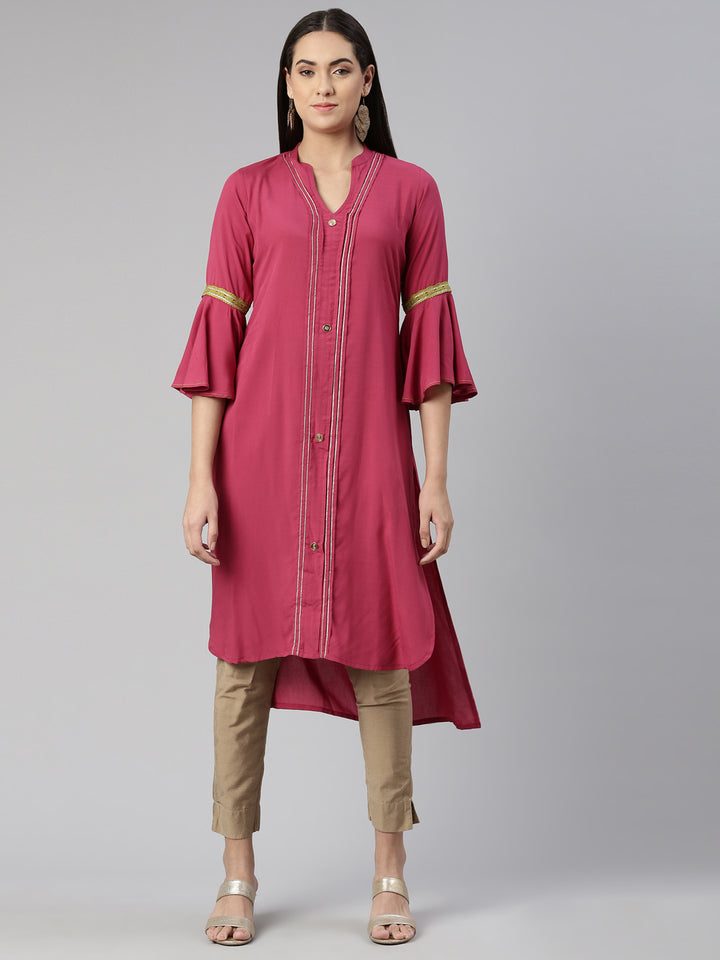 Neerus Maroon Straight Straight Cotton Silk Kurtas
