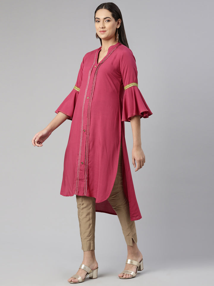 Neerus Maroon Straight Straight Cotton Silk Kurtas