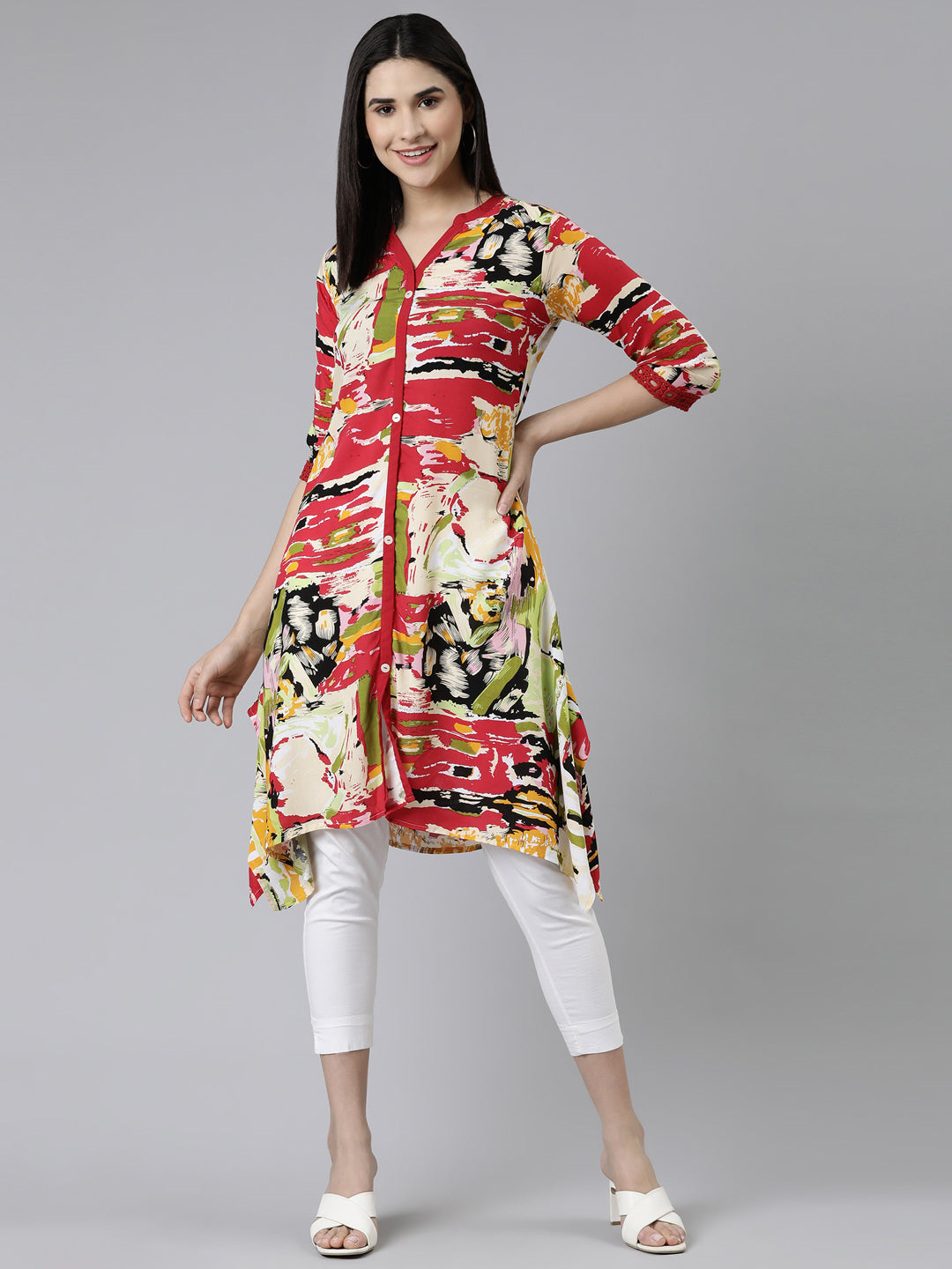 Neerus Multi Curved Solid Cotton Silk Kurtas