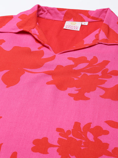 Neerus Pink  Curved Cotton Silk Kurtas
