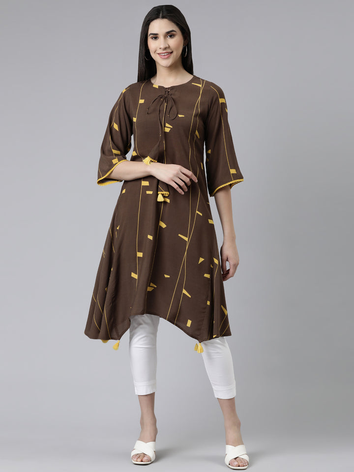 Neerus Brown Curved Printed Cotton Kurta