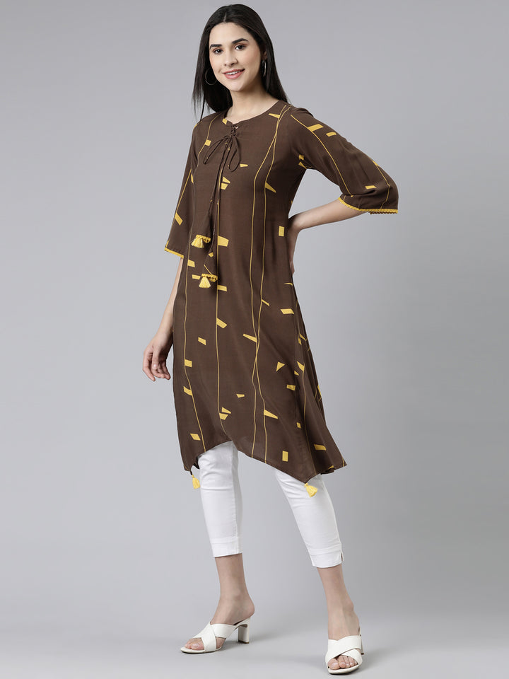 Neerus Brown Curved Printed Cotton Kurta