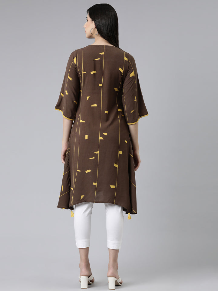 Neerus Brown Curved Printed Cotton Kurta