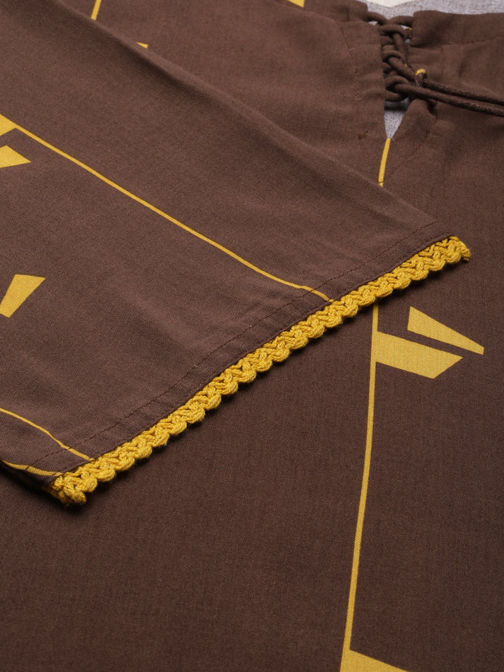 Neerus Brown Curved Printed Cotton Kurta