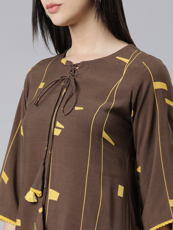 Neerus Brown Curved Printed Cotton Kurta