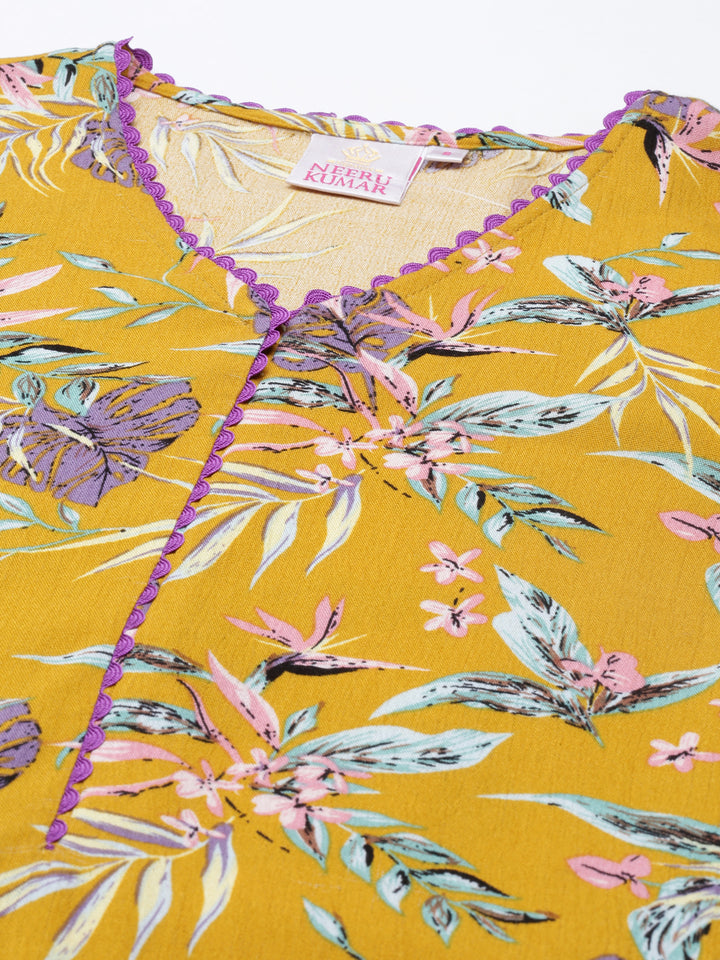 Neerus Mustard Curved Cotton Kurtas