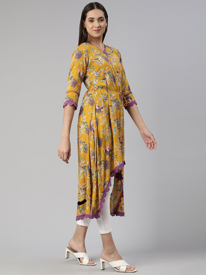 Neerus Mustard Curved Cotton Kurtas