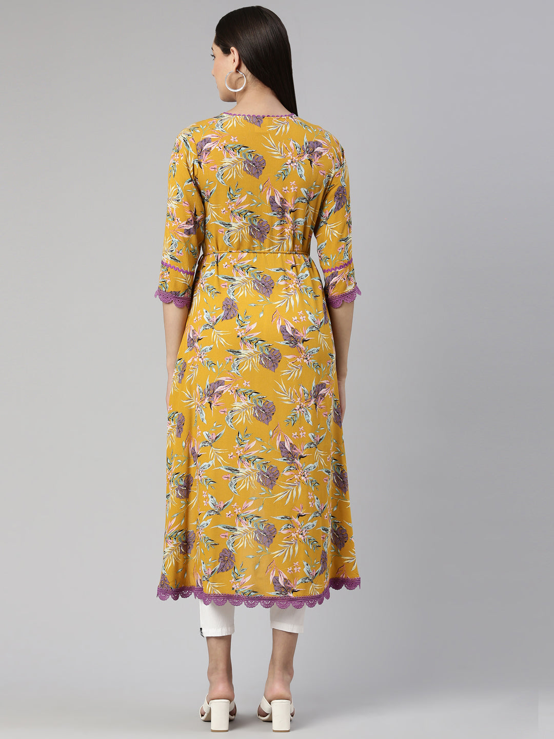 Neerus Mustard Curved Cotton Kurtas