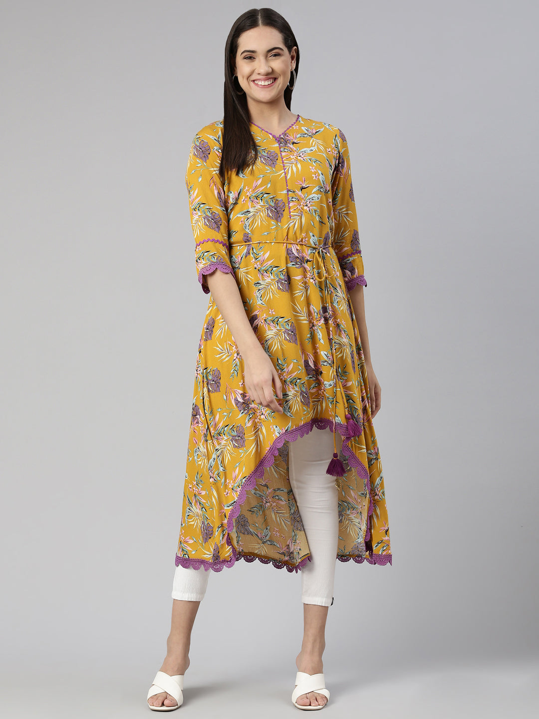Neerus Mustard Curved Cotton Kurtas