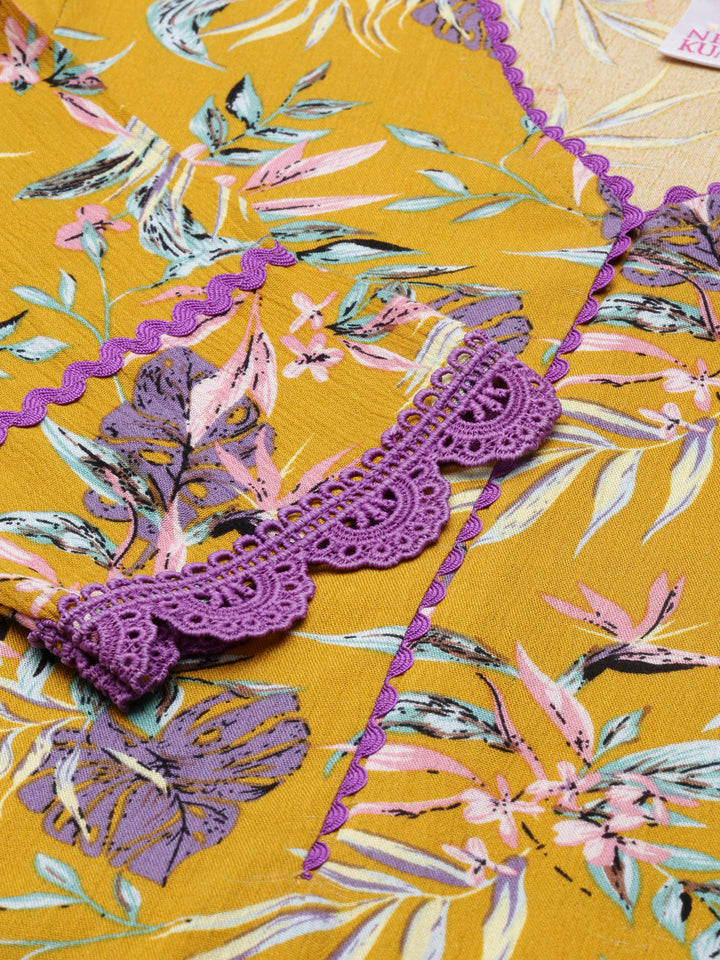 Neerus Mustard Curved Cotton Kurtas