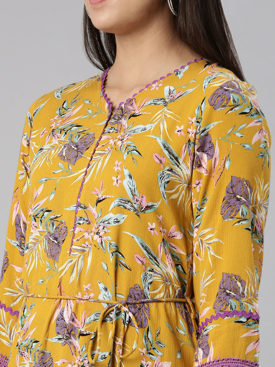 Neerus Mustard Curved Cotton Kurtas