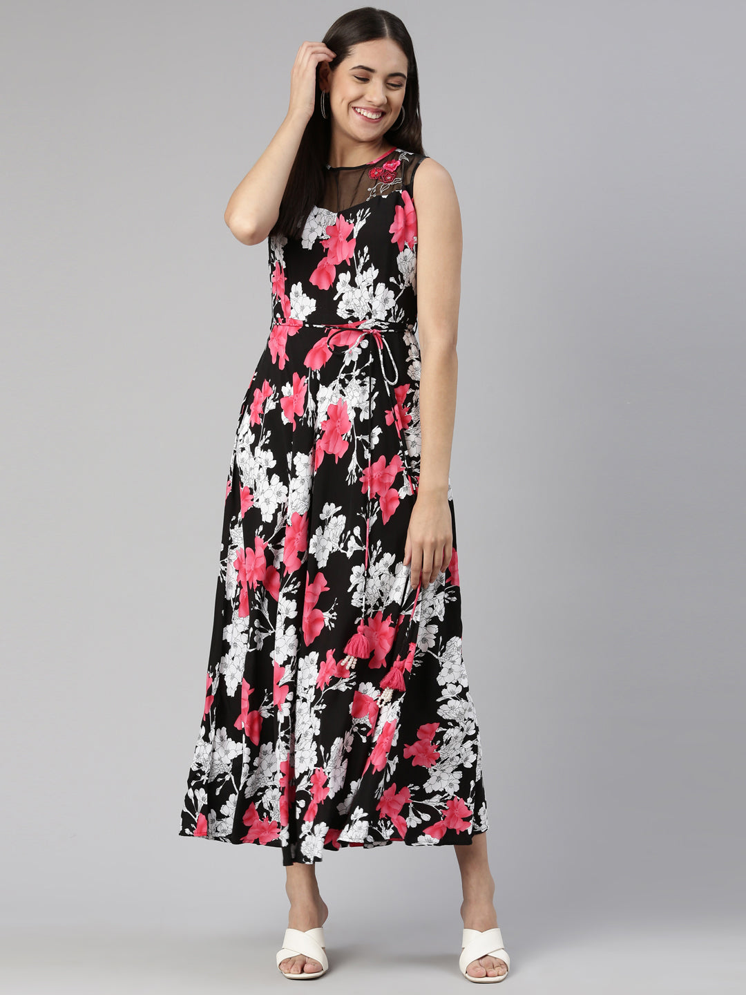 Neerus Black Anarkali Straight Crepe Kurtas